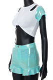 Blue Sexy Solid Hollowed Out Patchwork Flounce O Neck Short Sleeve Two Pieces