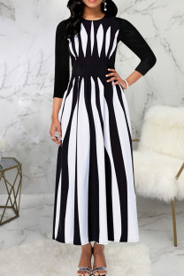 White Sexy Striped Print Patchwork O Neck A Line Dresses