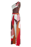 Camel Casual Print Patchwork Slit Oblique Collar Straight Dresses