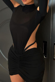 Black Sexy Solid Mesh Half A Turtleneck Pencil Skirt Dresses
