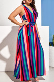 Colour Casual Striped Print Bandage Patchwork V Neck Straight Dresses