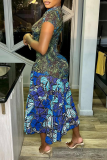 Blue Sexy Print Hollowed Out O Neck Shirt Dress Dresses