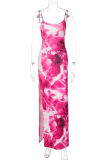 Rose Red Sexy Patchwork Tie-dye Spaghetti Strap Pencil Skirt Dresses