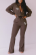 Coffee Fashion Print Patchwork Turndown Collar Long Sleeve Two Pieces