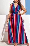 Colour Casual Striped Print Bandage Patchwork V Neck Straight Dresses