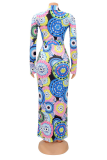 Blue Fashion Print Patchwork Turndown Collar Shirt Dress Dresses