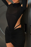 Black Sexy Solid Mesh Half A Turtleneck Pencil Skirt Dresses