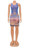Blue Sexy Print Patchwork O Neck Pencil Skirt Dresses