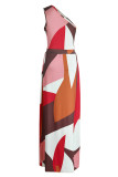 Camel Casual Print Patchwork Slit Oblique Collar Straight Dresses