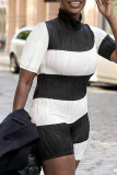 Black White Sexy Solid Patchwork Turtleneck Regular Rompers