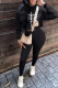 Black Casual Print Patchwork Hooded Collar Long Sleeve Two Pieces