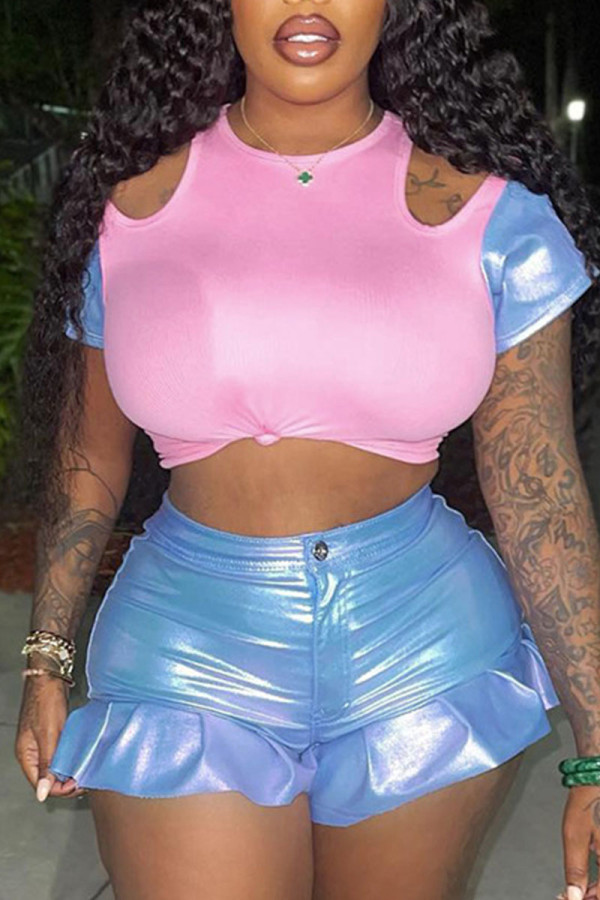 Blue Sexy Solid Hollowed Out Patchwork Flounce O Neck Short Sleeve Two Pieces