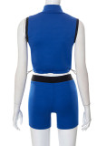 Blue Casual Sportswear Print Patchwork Zipper Collar Sleeveless Two Pieces