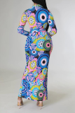 Blue Fashion Print Patchwork Turndown Collar Shirt Dress Dresses