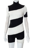 Black White Sexy Solid Patchwork Turtleneck Regular Rompers