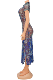 Blue Sexy Print Hollowed Out O Neck Shirt Dress Dresses