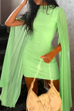 Green Fashion Solid Mesh O Neck Pencil Skirt Dresses