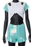 Blue Sexy Solid Hollowed Out Patchwork Flounce O Neck Short Sleeve Two Pieces