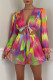 Purple Yellow Sexy Print Bandage Patchwork V Neck Long Sleeve Two Pieces