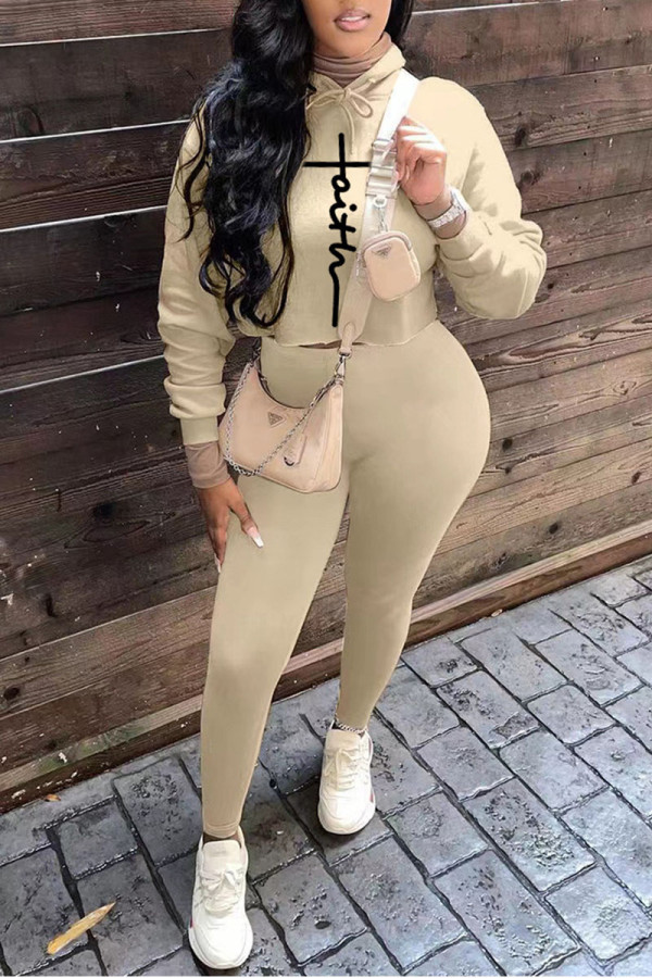 Khaki Casual Print Patchwork Hooded Collar Long Sleeve Two Pieces