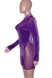 Purple Sexy Solid Patchwork See-through Half A Turtleneck Skinny Rompers