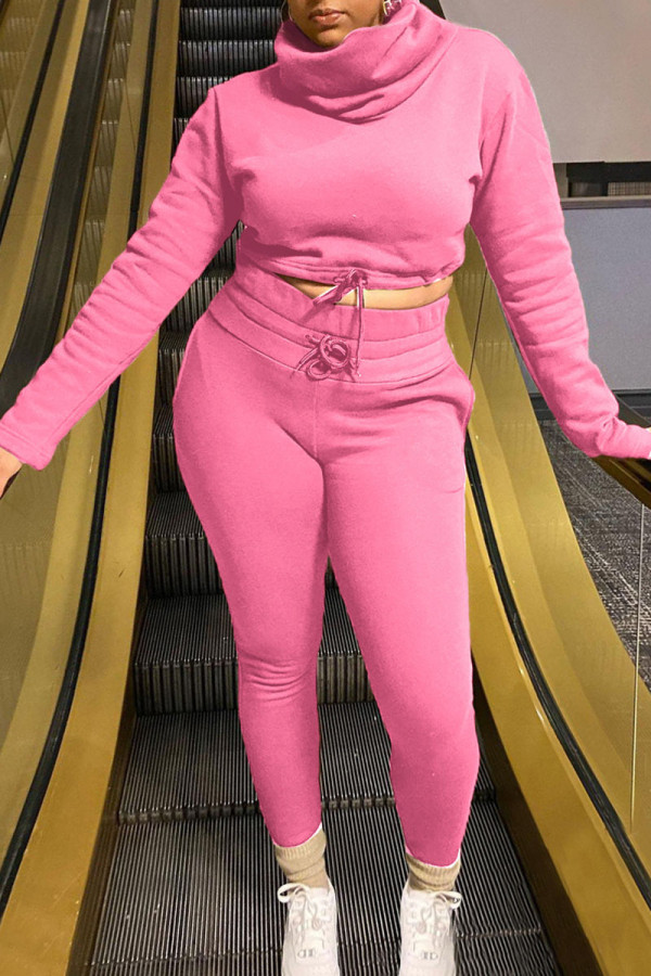 Pink Casual Solid Patchwork Turtleneck Long Sleeve Two Pieces