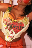 Apricot Sexy Print Patchwork U Neck Tops