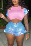Blue Sexy Solid Hollowed Out Patchwork Flounce O Neck Short Sleeve Two Pieces