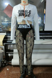 White Sexy Print Bandage Patchwork Slit Long Sleeve Two Pieces