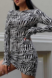 Zebra Fashion Animal Print Patchwork O Neck Pencil Skirt Dresses