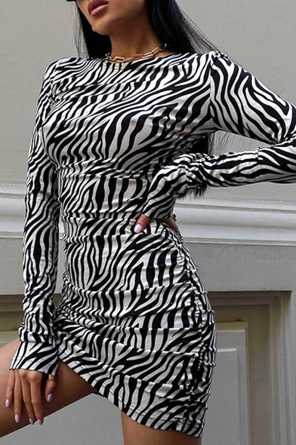 Zebra Fashion Animal Print Patchwork O Neck Pencil Skirt Dresses