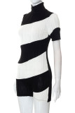 Black White Sexy Solid Patchwork Turtleneck Regular Rompers