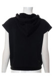 Black Casual Print Patchwork Draw String Hooded Collar Tops