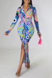 Blue Fashion Print Patchwork Turndown Collar Shirt Dress Dresses