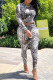 Dark Brown Sexy Print Patchwork O Neck Long Sleeve Two Pieces