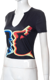 Black Sexy Print Patchwork U Neck T-Shirts