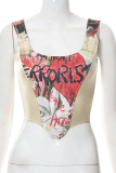 Apricot Sexy Print Patchwork U Neck Tops