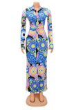 Blue Fashion Print Patchwork Turndown Collar Shirt Dress Dresses