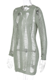 Green Sexy Solid Hollowed Out O Neck Pencil Skirt Dresses