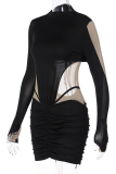 Black Sexy Solid Mesh Half A Turtleneck Pencil Skirt Dresses