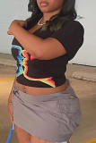 Black Sexy Print Patchwork U Neck T-Shirts
