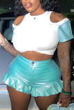 Blue Sexy Solid Hollowed Out Patchwork Flounce O Neck Short Sleeve Two Pieces