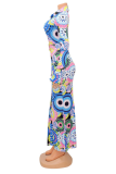 Blue Fashion Print Patchwork Turndown Collar Shirt Dress Dresses
