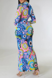 Blue Fashion Print Patchwork Turndown Collar Shirt Dress Dresses