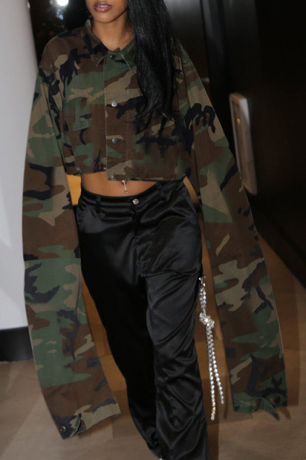 Camouflage Fashion Camouflage Print Patchwork Turndown Collar Tops