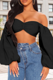 Black Sexy Solid Patchwork Off the Shoulder Tops