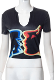 Black Sexy Print Patchwork U Neck T-Shirts