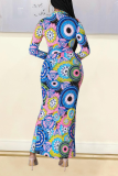 Blue Fashion Print Patchwork Turndown Collar Shirt Dress Dresses