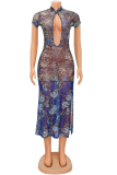 Blue Sexy Print Hollowed Out O Neck Shirt Dress Dresses
