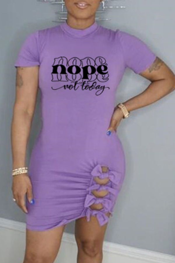Purple Fashion Print Hollowed Out Half A Turtleneck Pencil Skirt Dresses